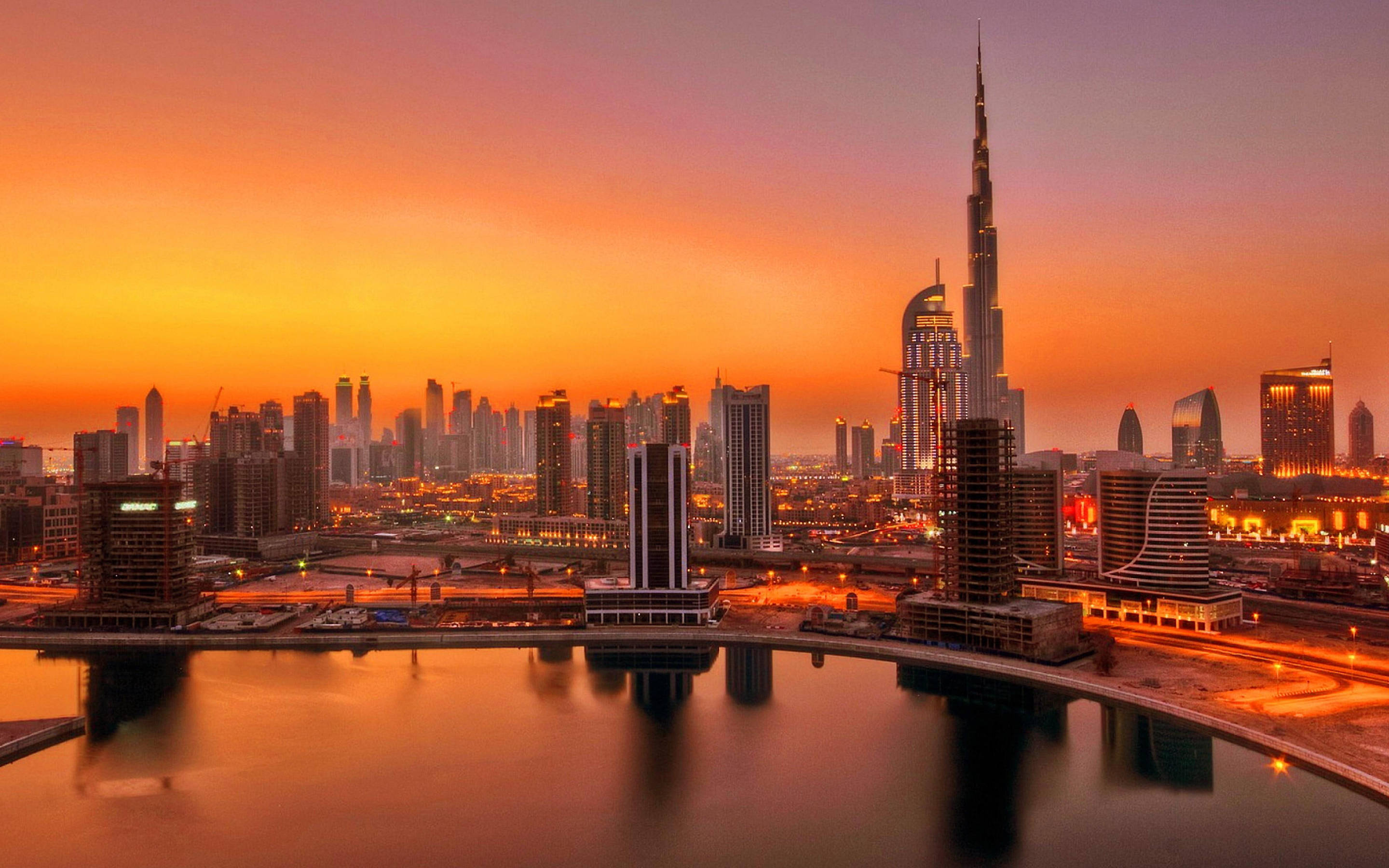 Dubai skyline at golden hour, seen from across the water